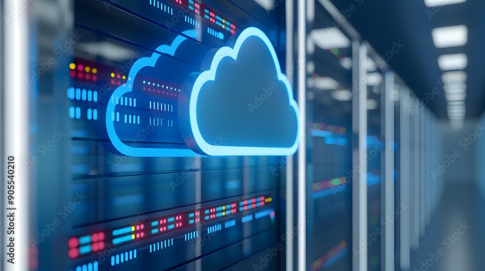 Poster close-up of a cloud computing icon on server racks in a data center, symbolizing modern technology a