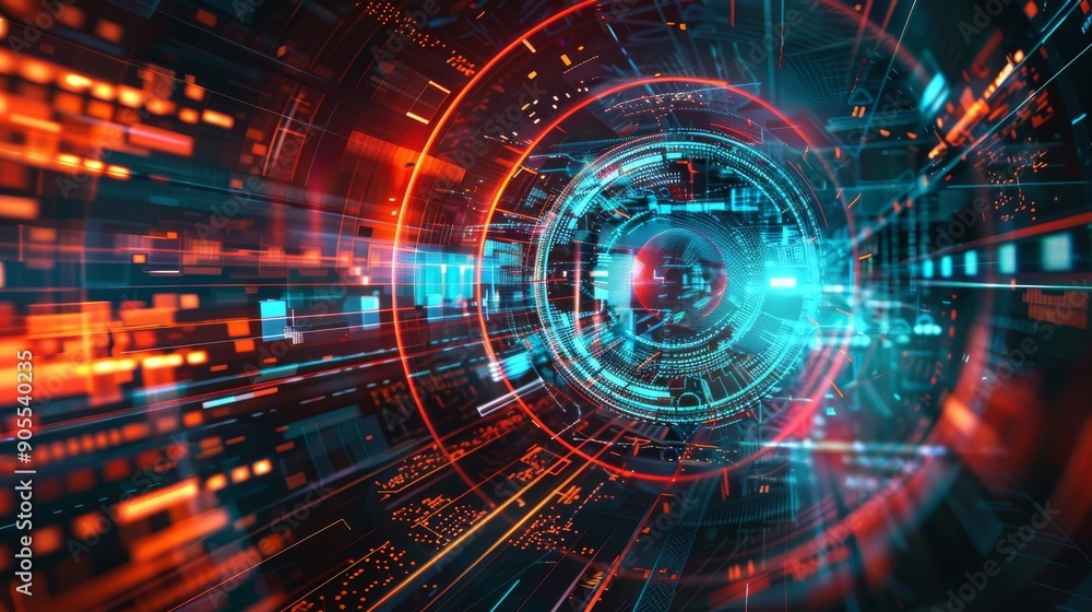 Poster abstract digital background with glowing lines and circles in vibrant red and blue hues.