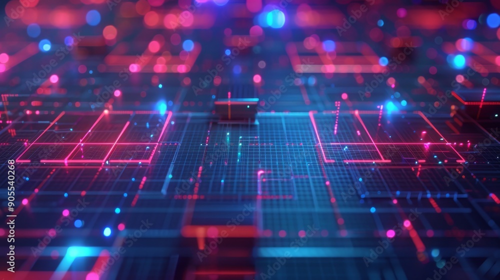 Poster abstract digital background with glowing lines and particles on a circuit board. a blue and red futu