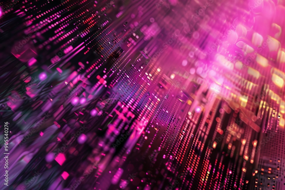 Poster abstract digital background with glowing lines and patterns in pink and purple.