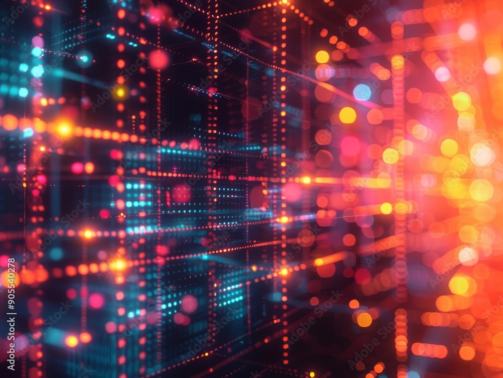 Poster abstract digital background with glowing lines, dots, and data streams in vibrant red and blue color