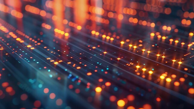 Abstract digital background with glowing lights and lines, representing data flow and technology.
