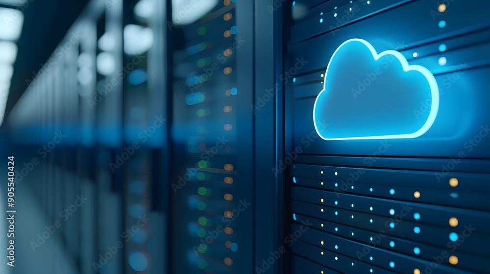 Poster close-up of a server room with cloud technology icon; representing modern data storage, cloud comput