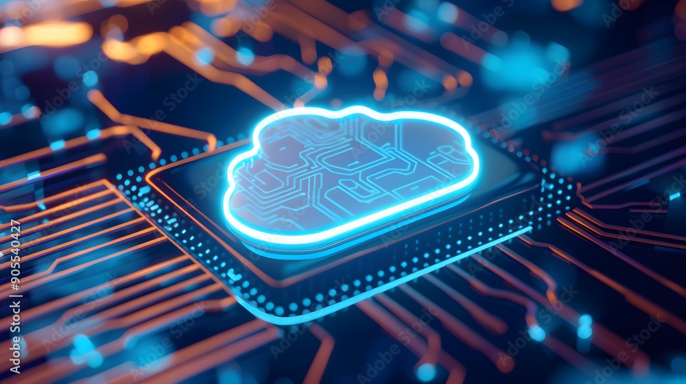Poster close-up of a glowing cloud icon integrated into a circuit board, representing cloud computing techn