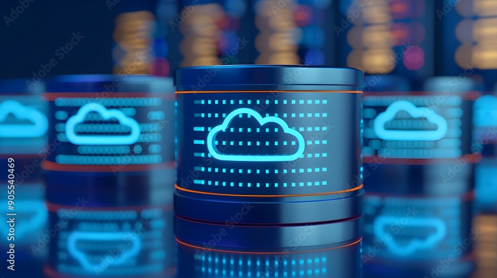 Poster close-up of cloud server hardware in a data center with blue led lights, representing cloud computin