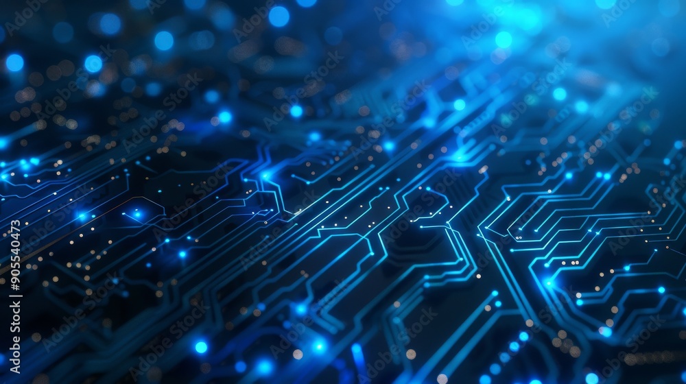 Poster abstract digital circuit board with glowing blue lines and points of light. a futuristic and technol