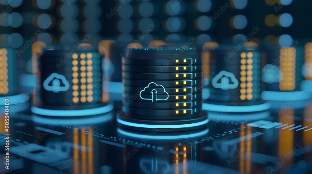 Poster close-up of futuristic cloud server data storage with led lights in a modern data center, showcasing