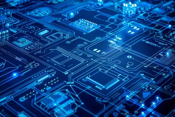 Abstract digital circuit board with glowing blue lines, representing technology and innovation.
