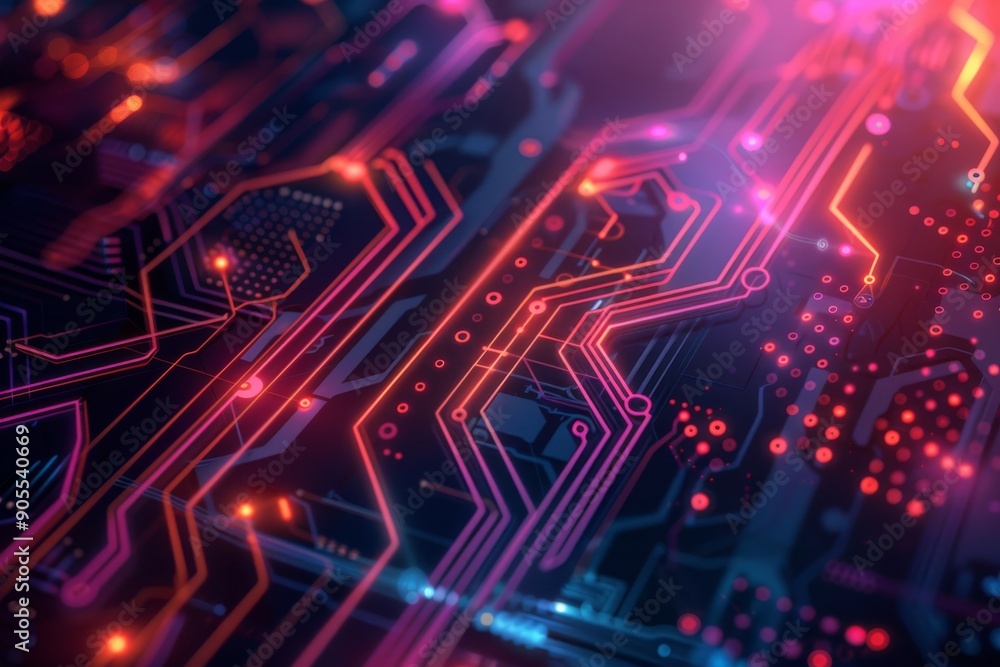 Poster abstract digital circuit board with glowing red lines and dots. futuristic technology background.