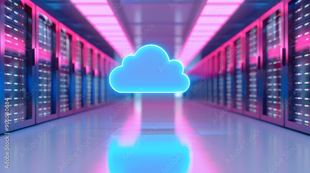 Poster cloud computing and data center with glowing neon lights, showcasing modern technology and internet 