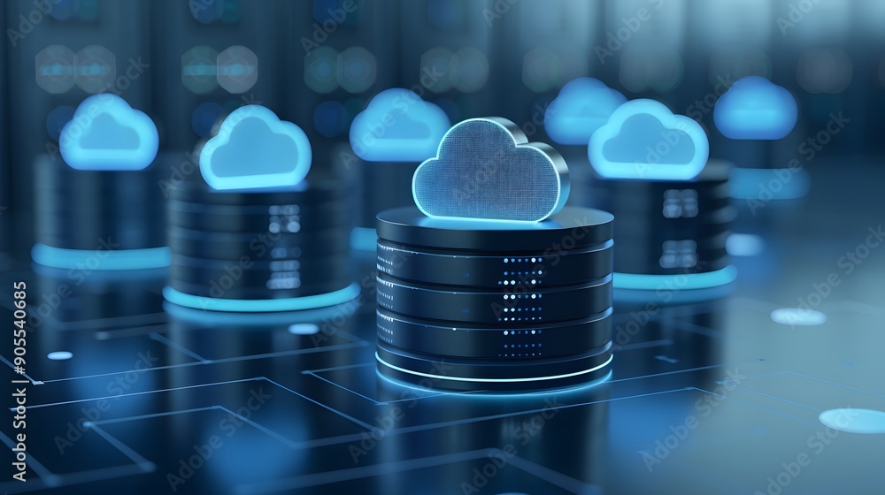 Poster cloud computing and data storage concept with illuminated server stacks and cloud icons in a futuris
