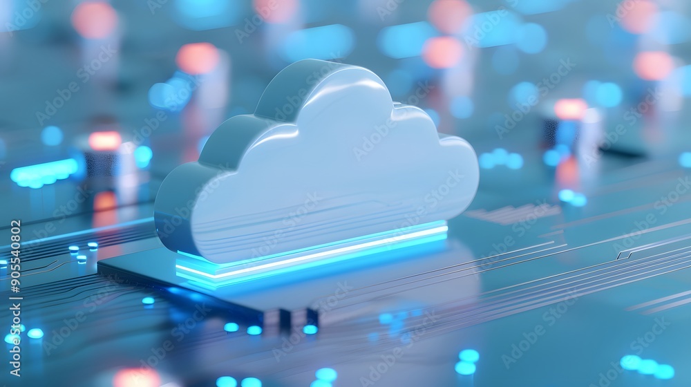 Poster cloud computing concept featuring futuristic digital circuits and glowing cloud icon, showcasing adv