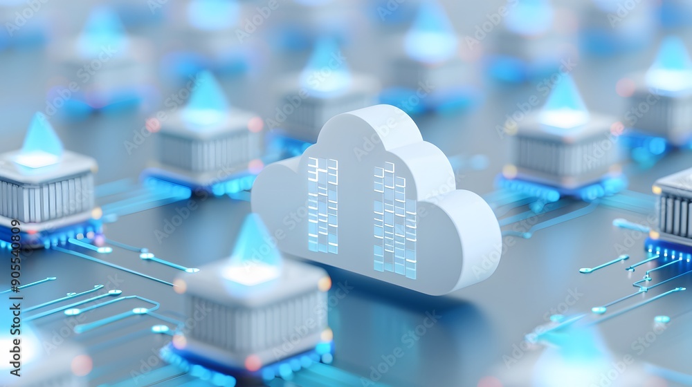 Poster cloud computing concept. abstract visualization of network connections and data storage in a digital