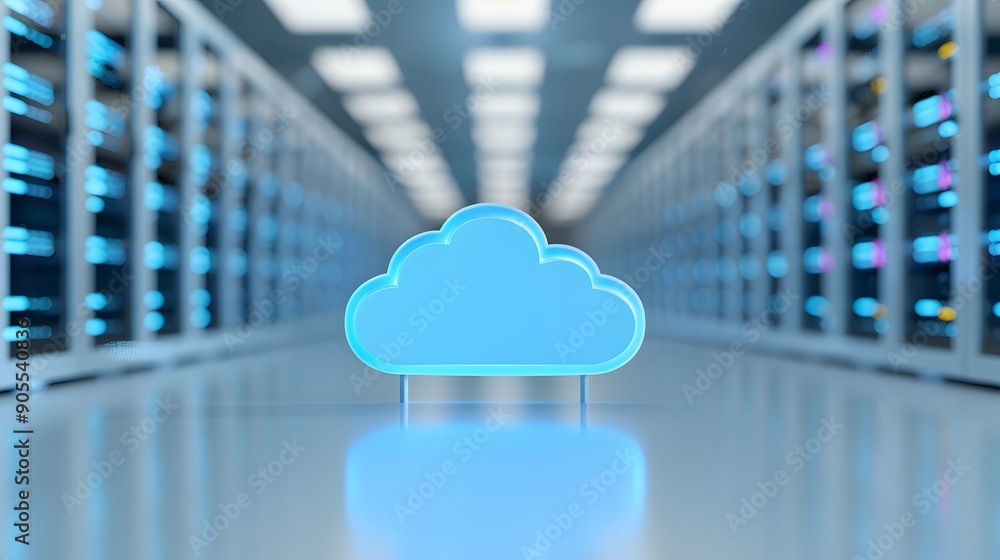 Poster cloud computing concept image with a blue cloud symbol and rows of servers in a data center backgrou