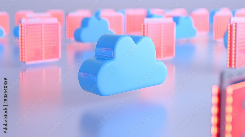 Poster cloud computing concept image with blue cloud icons and red servers. modern data storage and technol