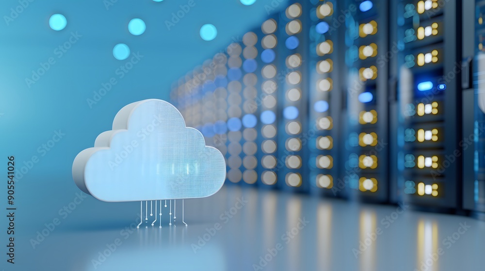 Poster cloud computing concept with a 3d holographic cloud icon in front of a server room. perfect for tech