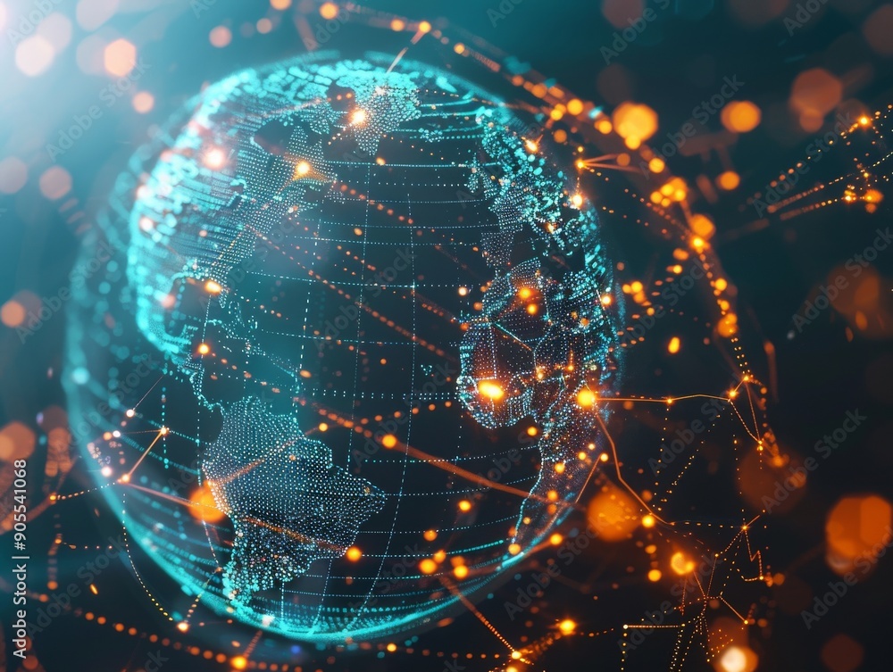 Poster Abstract digital globe with glowing lines and points, representing global network, communication, and connection.