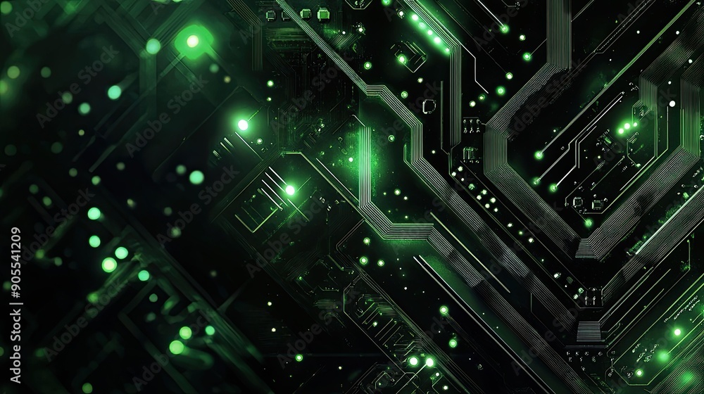 Poster abstract background with a complex, circuit board design in green and black