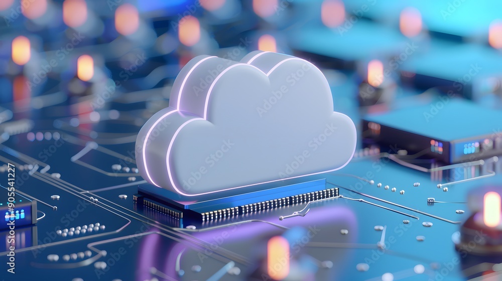 Poster cloud computing concept with a cloud symbol on a circuit board, representing modern data technology,