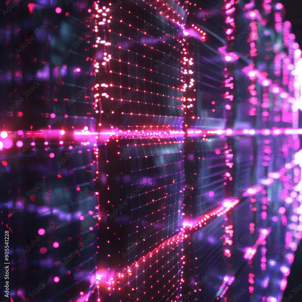 Poster abstract digital grid with glowing pink lines and dots on a black background. perfect for tech, data