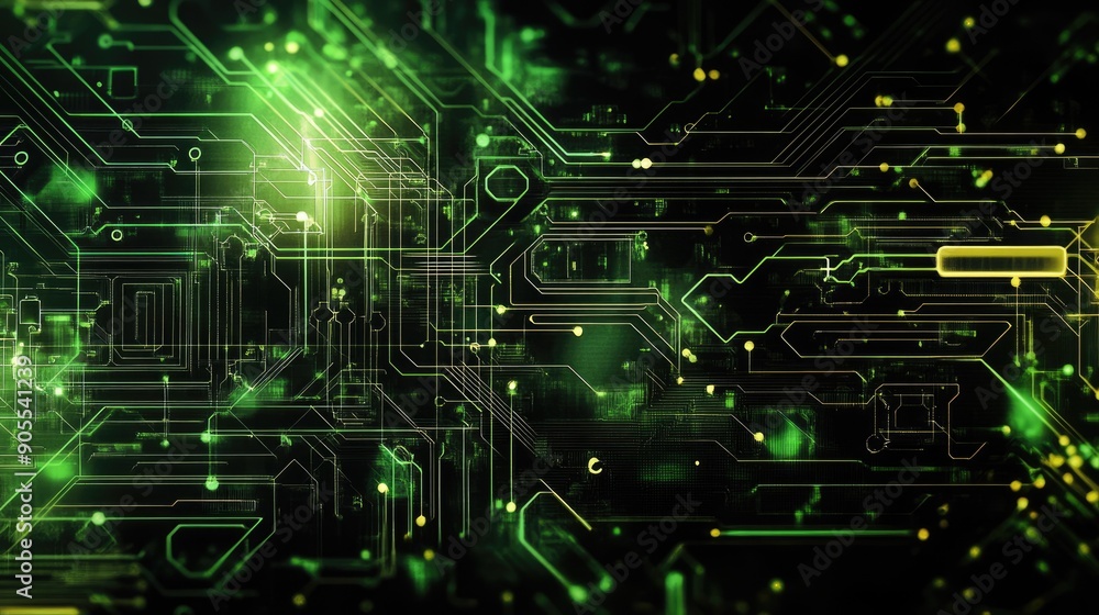 Poster abstract background with a complex, circuit board design in green and black