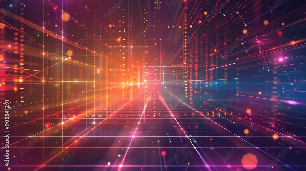 Poster abstract digital grid with glowing lines and particles in vibrant colors.