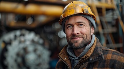 Worker Wearing Safety Gear Smiling At Industrial Construction Site During Daylight Hours