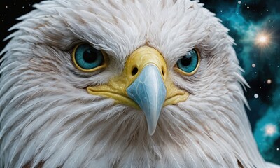 Naklejka premium Close-up Portrait of Majestic Eagle Head with Detailed Plumage Feather and piercing blue eye. Symbolizes strength, freedom, vision and beauty of wild nature.