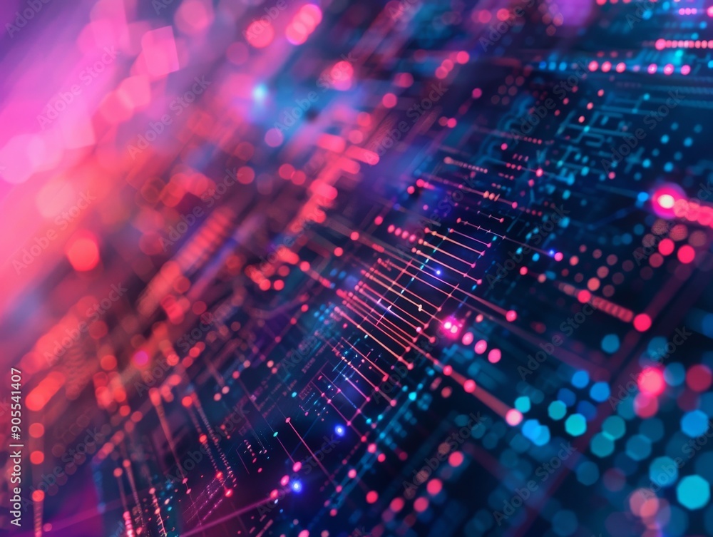 Poster abstract digital network with glowing lines and dots in pink and blue.