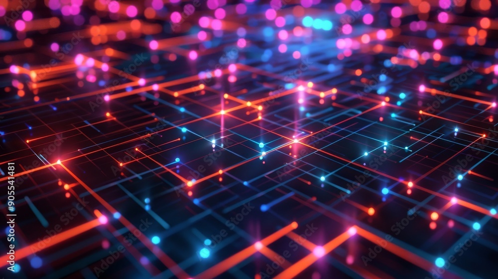 Poster abstract digital network with glowing lines and nodes in red and blue.