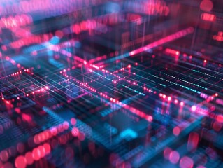 Obraz premium Abstract digital network with glowing lines and nodes. Represents data flow and connectivity. Ideal for tech and futuristic themes.