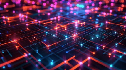 Fototapeta premium Abstract digital network with glowing lines and nodes in red and blue.