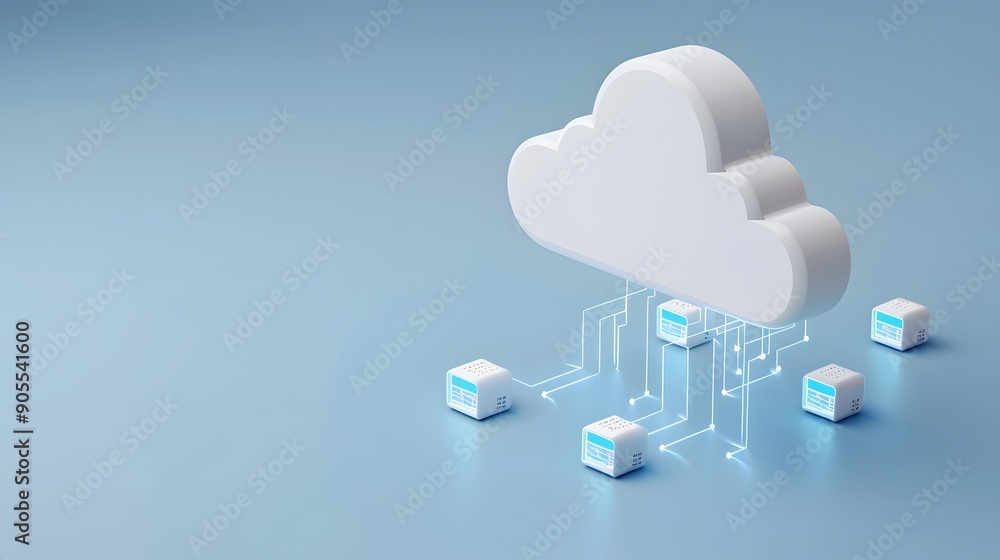 Poster cloud computing concept with a white cloud and connected blocks on a blue background, representing d