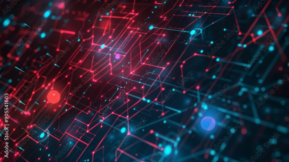 Aufkleber abstract digital network with glowing red and blue lines and nodes.
