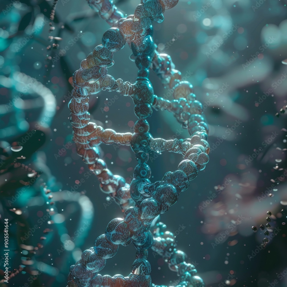 Poster abstract digital rendering of a dna double helix, with a blue and green color scheme.