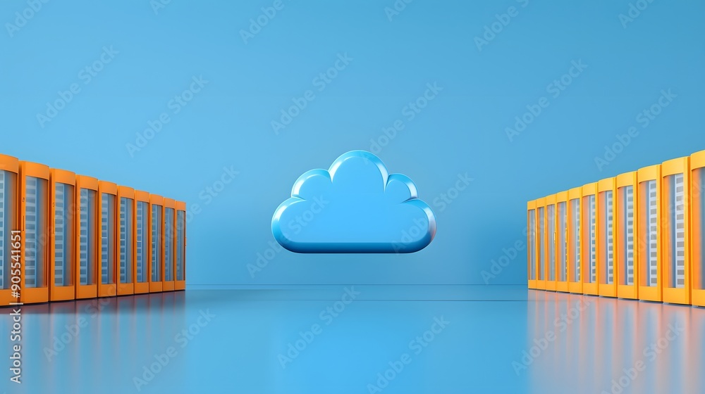 Poster cloud computing concept with blue cloud icon between two server racks on blue background. data stora