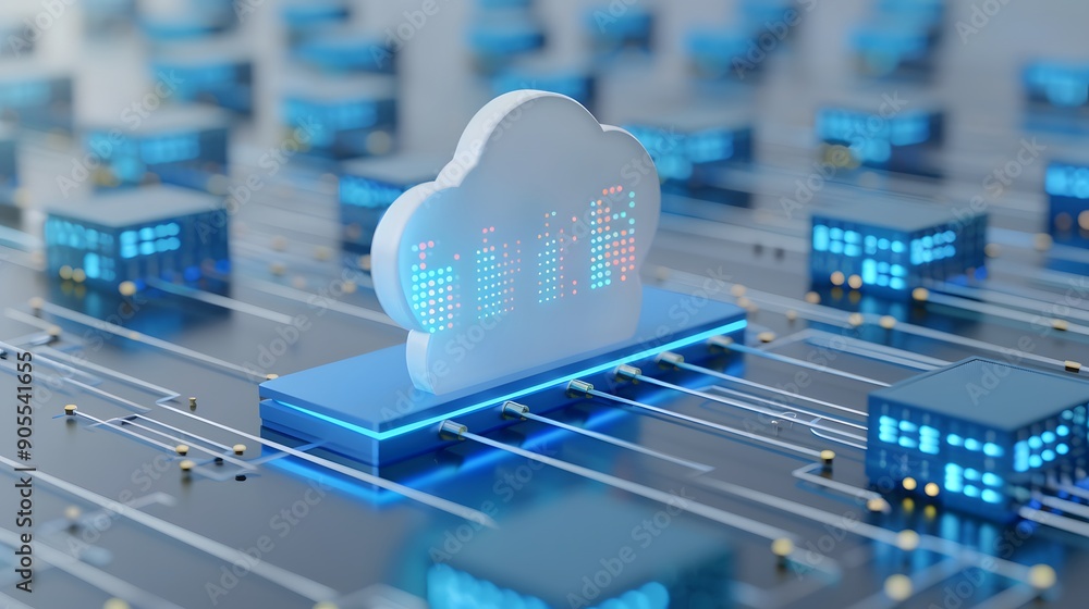 Poster cloud computing concept with blue glowing servers and cloud icon, representing data storage and netw