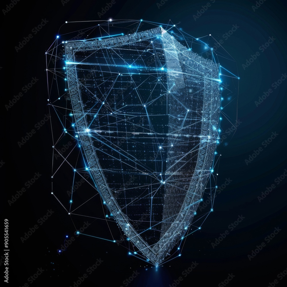 Poster abstract digital shield made of glowing lines and points, representing security and protection in a 
