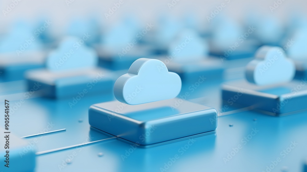 Poster cloud computing concept with blue icons representing a network storage system, illustrating data man