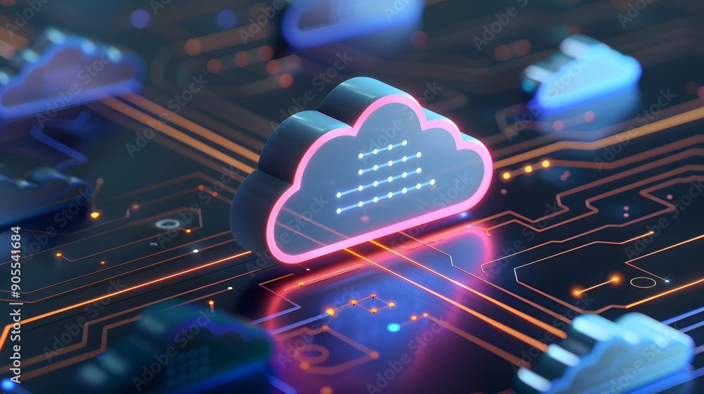 Poster cloud computing concept with cloud icon on circuit board, illustrating data storage, connectivity, a