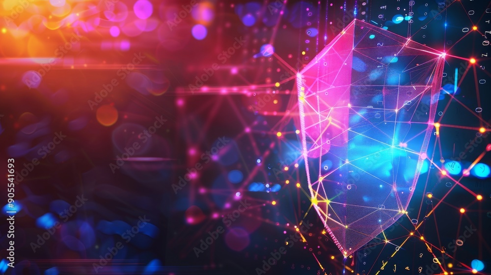 Poster abstract digital shield with glowing lines and particles. a futuristic concept of protection and sec