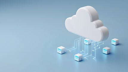Cloud computing concept with a white cloud and connected blocks on a blue background, representing data storage and network communication.