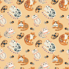 Vector illustration, Paisley cats, cats in different poses, colorful, interesting, patterned