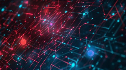 Obraz premium Abstract digital network with glowing red and blue lines and nodes.