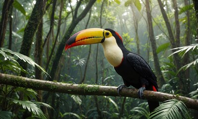 Obraz premium Toucan Sitting Resting on a Mossy Branch in Lush Jungle Dense Forest
