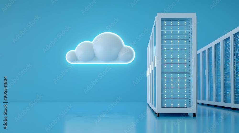 Poster cloud computing concept with data servers and a cloud icon on a blue background. modern digital data
