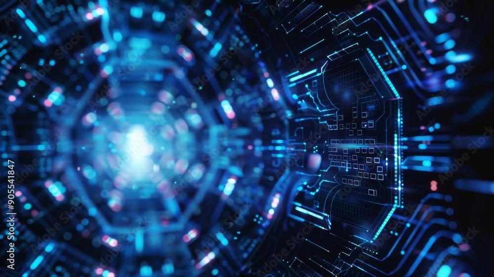 Aufkleber abstract digital tunnel with glowing blue lights and circuit board patterns.