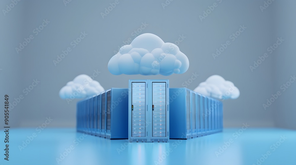 Poster cloud computing concept with data servers and clouds in a modern digital abstract background, repres