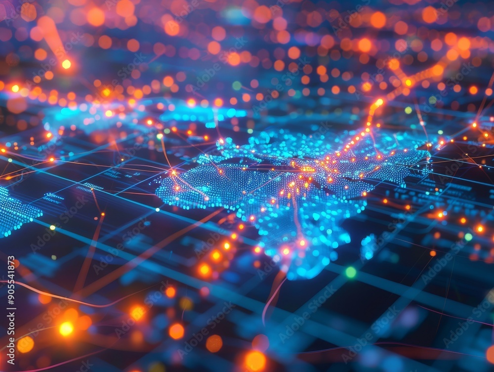 Poster abstract digital world map with glowing lines and dots, representing global connectivity and communi
