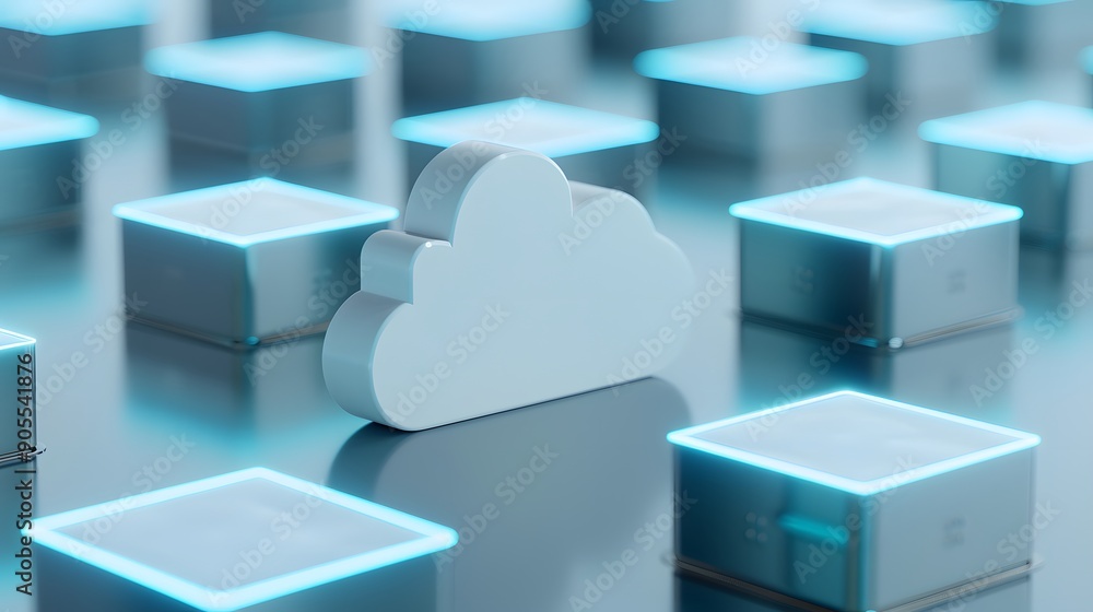 Poster cloud computing concept with data servers. white cloud symbol and glowing cubes representing data st